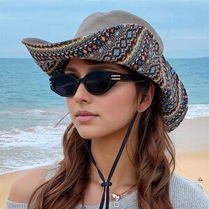 Western Boho Cowgirl Hat 2Way Embroidered Hicking Travel Sunhat